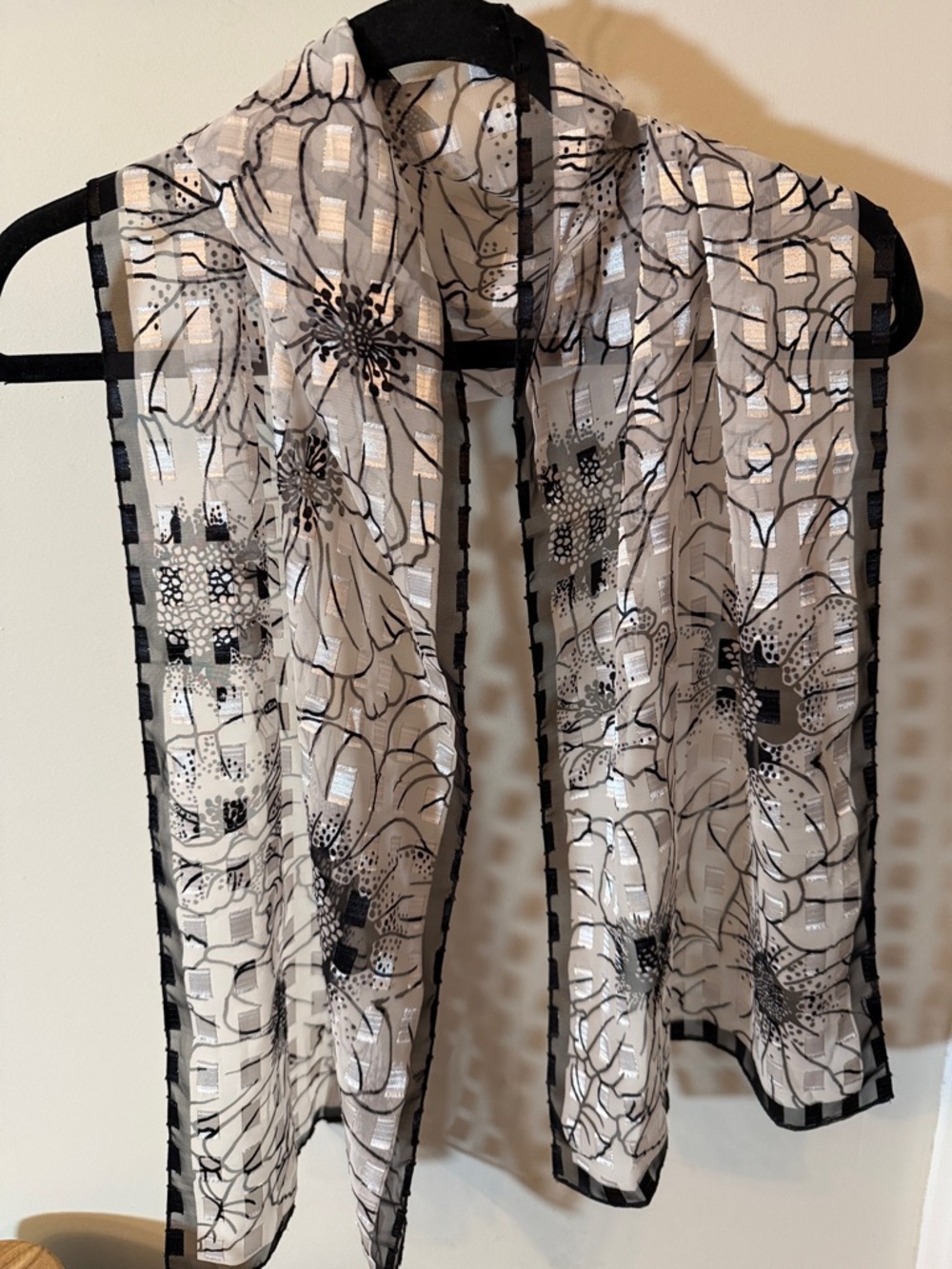 Vintage Black and Cream Floral Sheer Scarf with Silver Accents